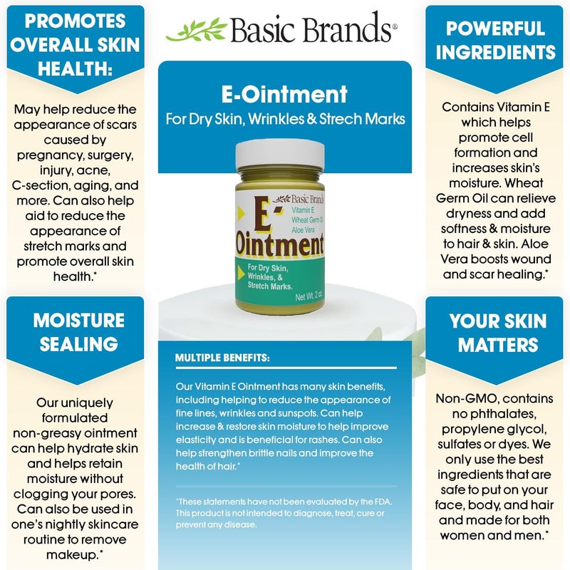Basic Organics Basic Brands Vitamin E Ointment, 2 oz â€“ Moisture Enhancing â€“ Helps Reduce Appearance of Scars, Stretch Marks, Fine Lines & Wrinkles (Pack of 1) - Image 2